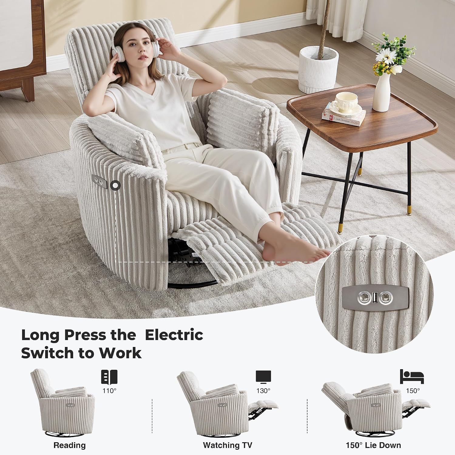 Power Recliner Nursery Swivel Rocking Glider Chair,Upholstered Adult Recliner Nursing Rocker Chair with USB Port with 2 Pillows for Nursery Living Room Bedroom(Lightgrey Corduroy,Power-Driven)