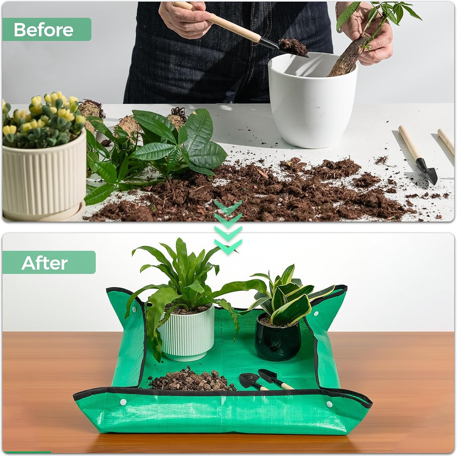 Plant Repotting Tarp 27"x 27" - Waterproof Repotting Mat for Indoor Plants, Extra Large Potting Mat with Raised Edges to Prevent Soil Spills, Green