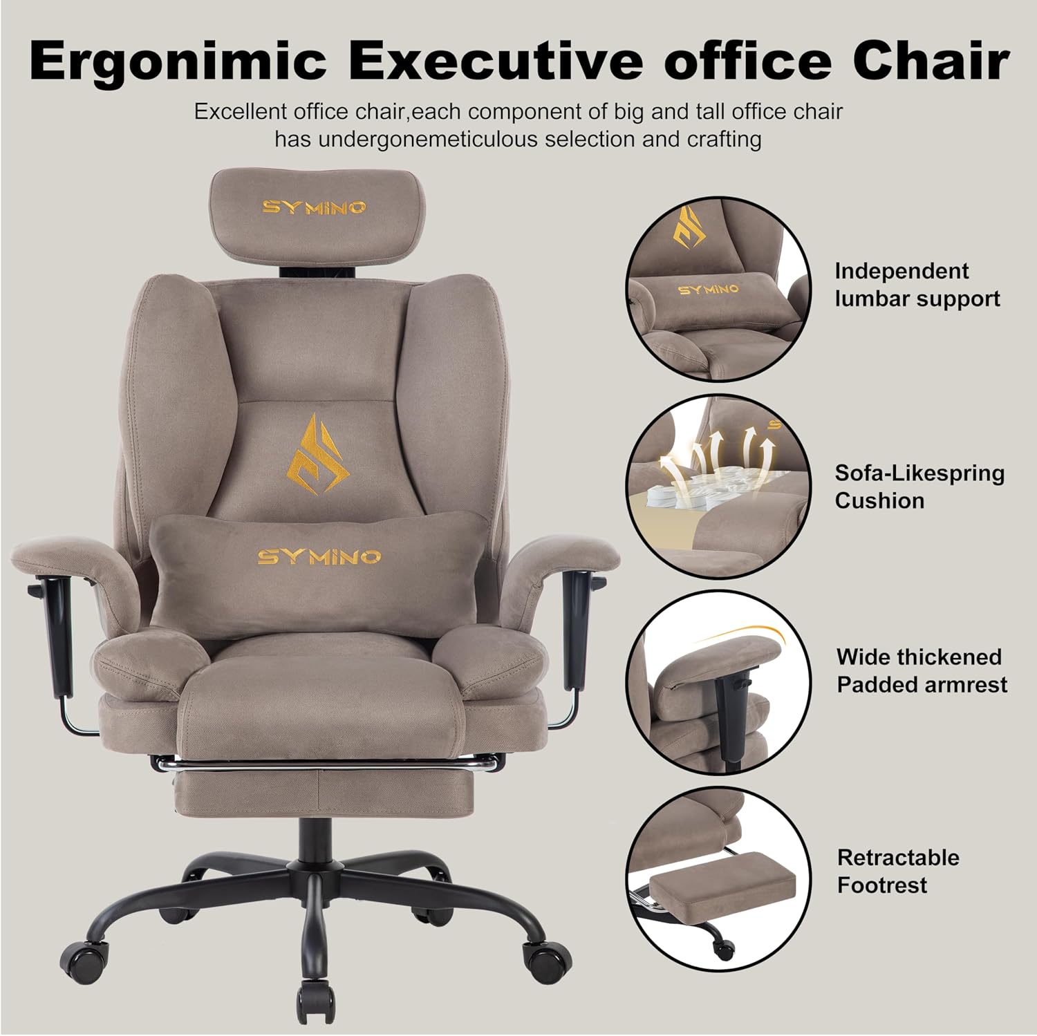 Symino Gaming Chair with Foot Rest, Unique Up/Down Armrests, Twill Fabric Ergonomic High Back Chair, 150° Recline Solid Color Computer Desk Chair, Light Coffee