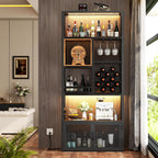Armocity 82.6" Tall Bar Cabinet with Power Outlets & LED Lights, Liquor Cabinet Bar for Home, Reversible Coffee Station Wine Cabinet with Glass Holder & Wine Rack for Small Space, Rustic Brown