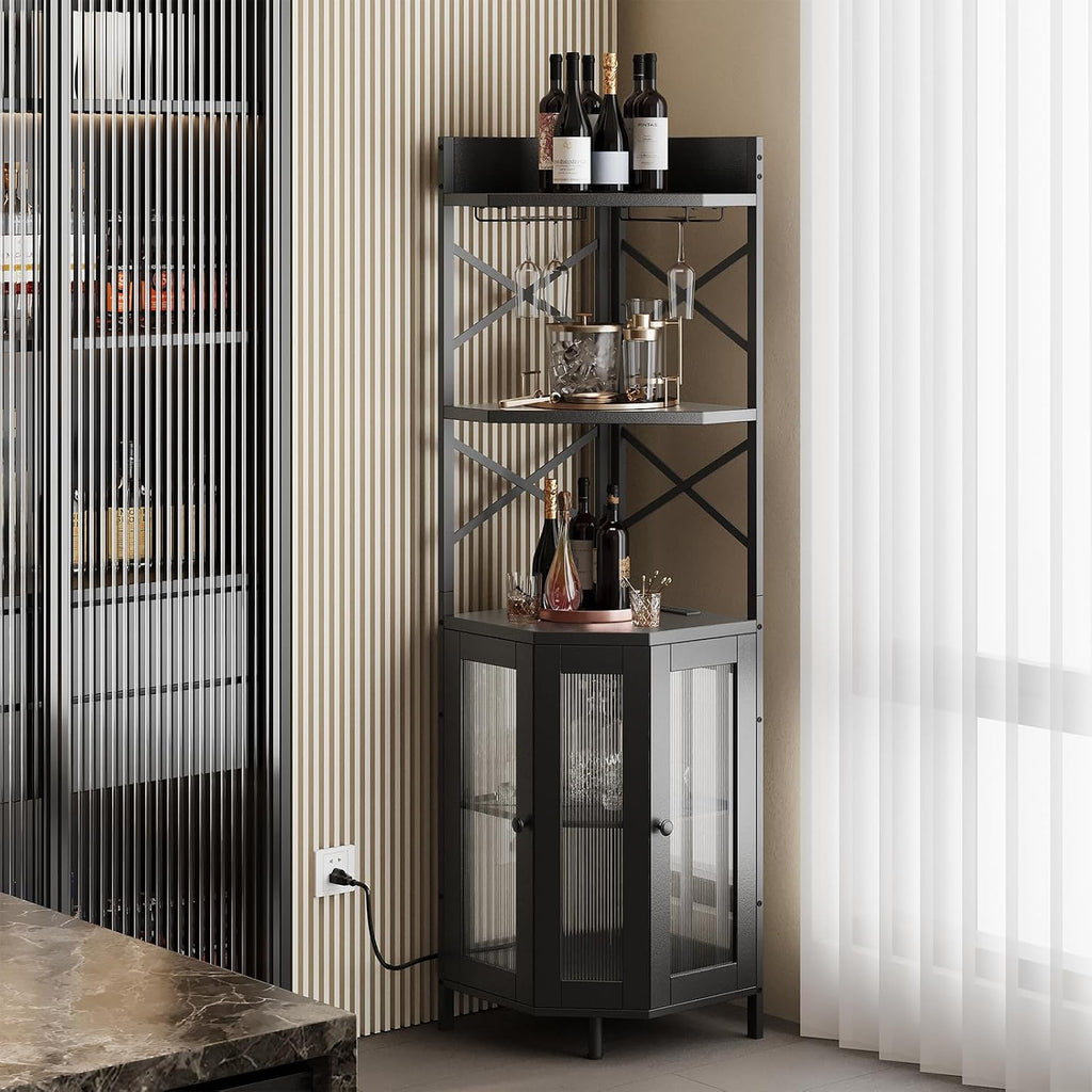 Airynee Corner Bar Cabinet with Power Outlet, 5-Tier Corner Wine Cabinet with Led Strip and Glass Holder, Industrial Tall Liquor Cabinet Bar Wine Rack for Home，Black