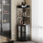 Airynee Corner Bar Cabinet with Power Outlet, 5-Tier Corner Wine Cabinet with Led Strip and Glass Holder, Industrial Tall Liquor Cabinet Bar Wine Rack for Home，Black
