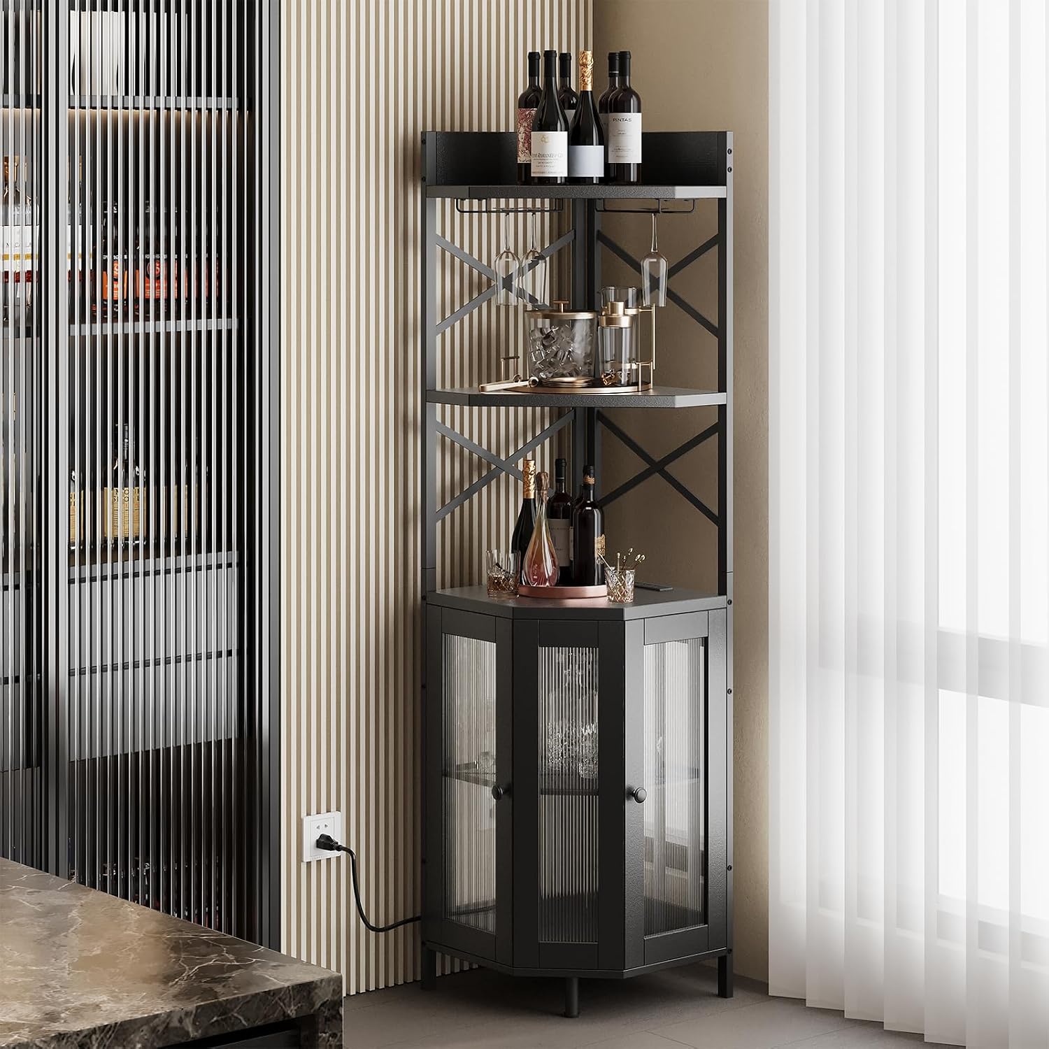 Airynee Corner Bar Cabinet with Power Outlet, 5-Tier Corner Wine Cabinet with Led Strip and Glass Holder, Industrial Tall Liquor Cabinet Bar Wine Rack for Home，Black