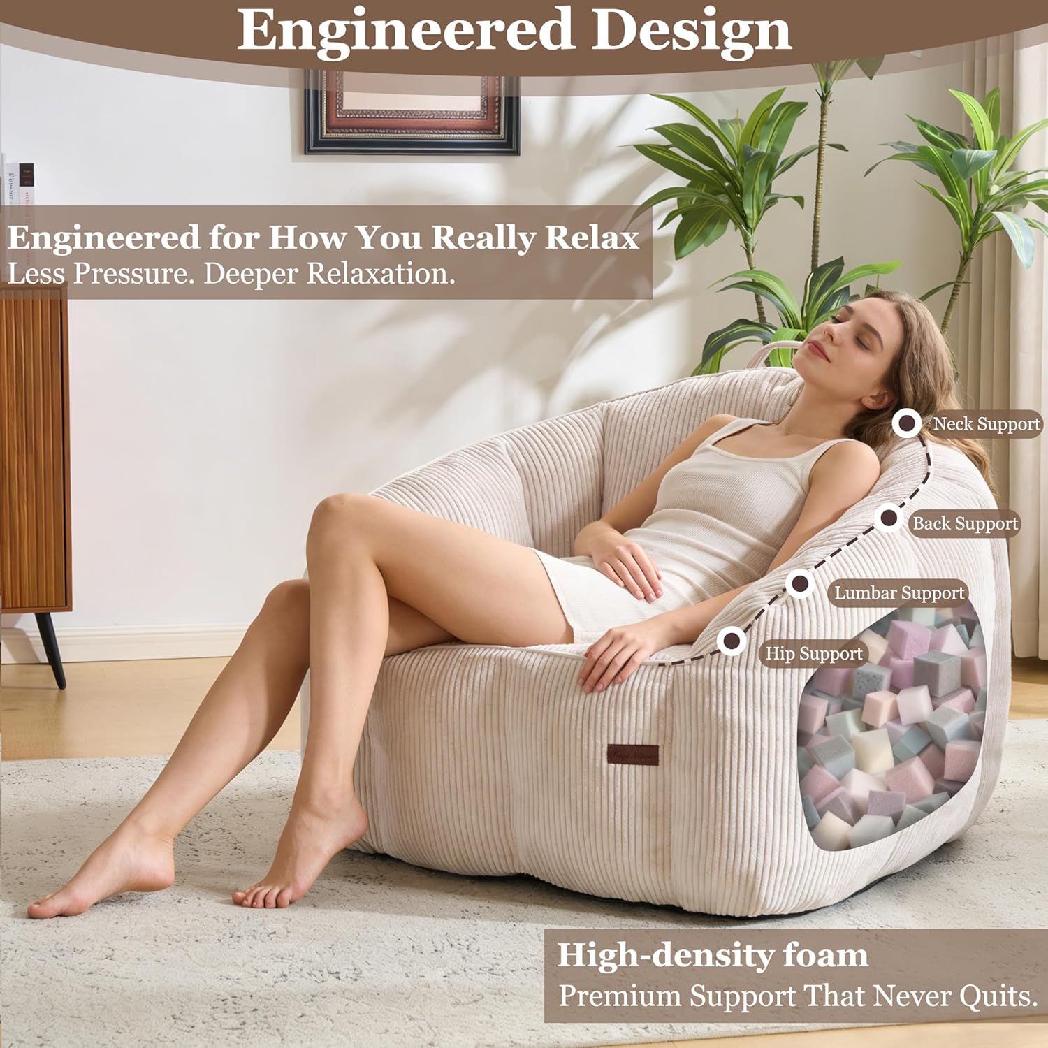 Royal Windsor Giant Bean Bag Chairs for Adults, 47 Inch Oversized Bean Bag Couch with Armrests, Lazy Floor Lounge Sofa Comfy Reading Chair for Living Room, Bedroom & Dorm, Beige