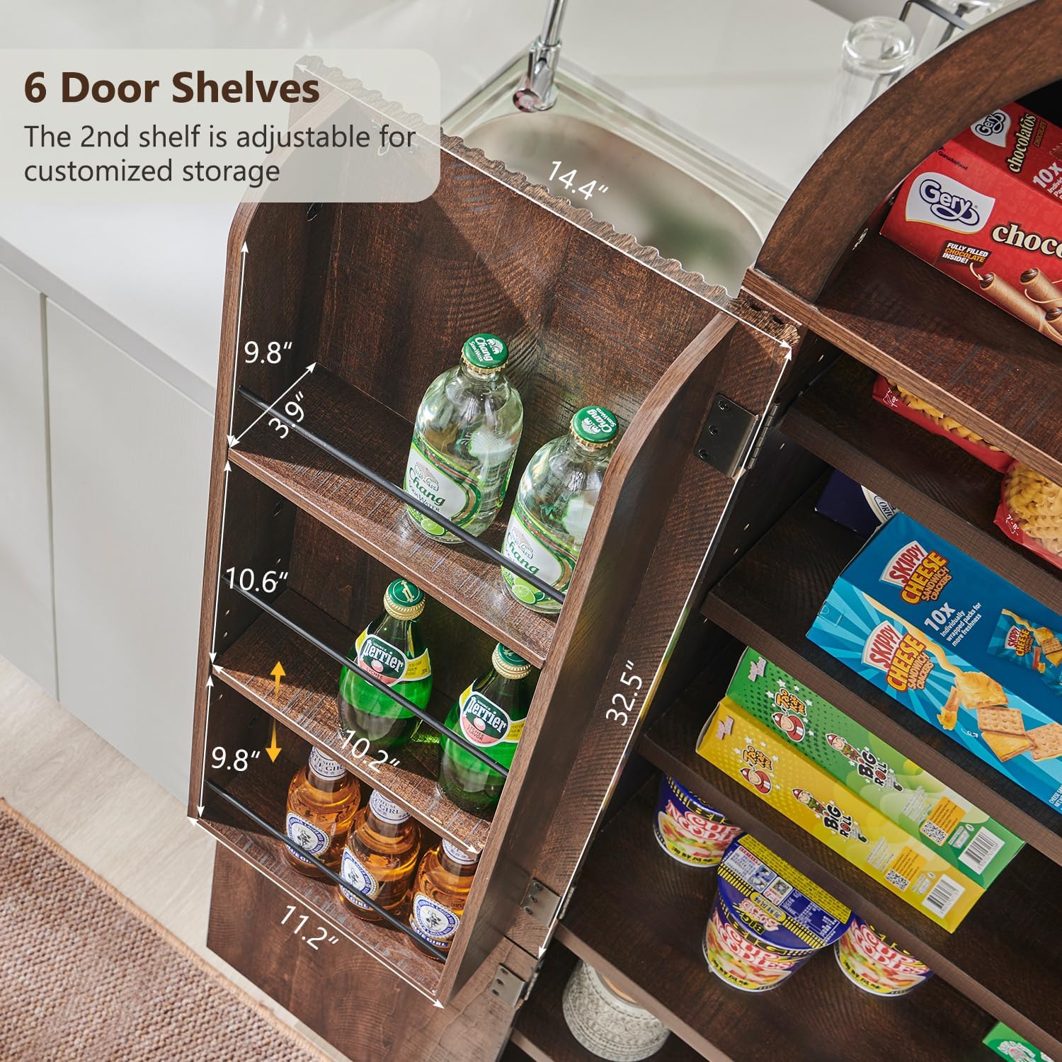 IFGET 71" Tall Arched Kitchen Pantry, Modern Fluted Wood Storage Cabinet with Doors, 3 Adjustable Shelves, 6 Door Shelves, Organizer, Versatile Cupboard for Kitchen, Bathroom, Brown