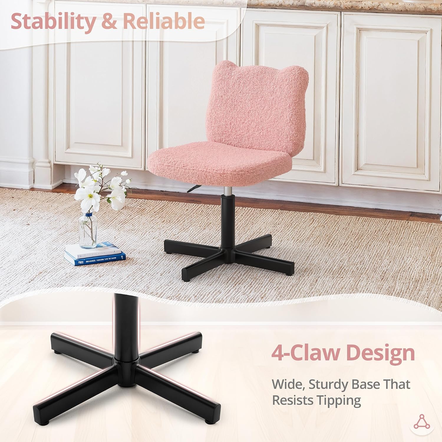 LUE BONA Adjustable Vanity Stool Chair with Girly Bear Ear Wide Back, 360° Swivel Vanity Stool for Makeup Room, Upholstered Teddy Velvet Ottoman for Teen Girls, 350lbs, Pink