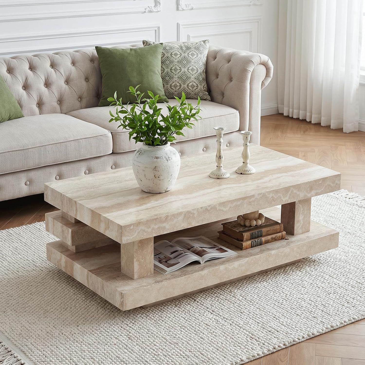 LKTART 43.3" Coffee Table, 2-Tier Stone Travertine Pattern Center Table with Open Storage, Mid Century Rectangular Wood Tea Table for Living Room, Bedroom, Office