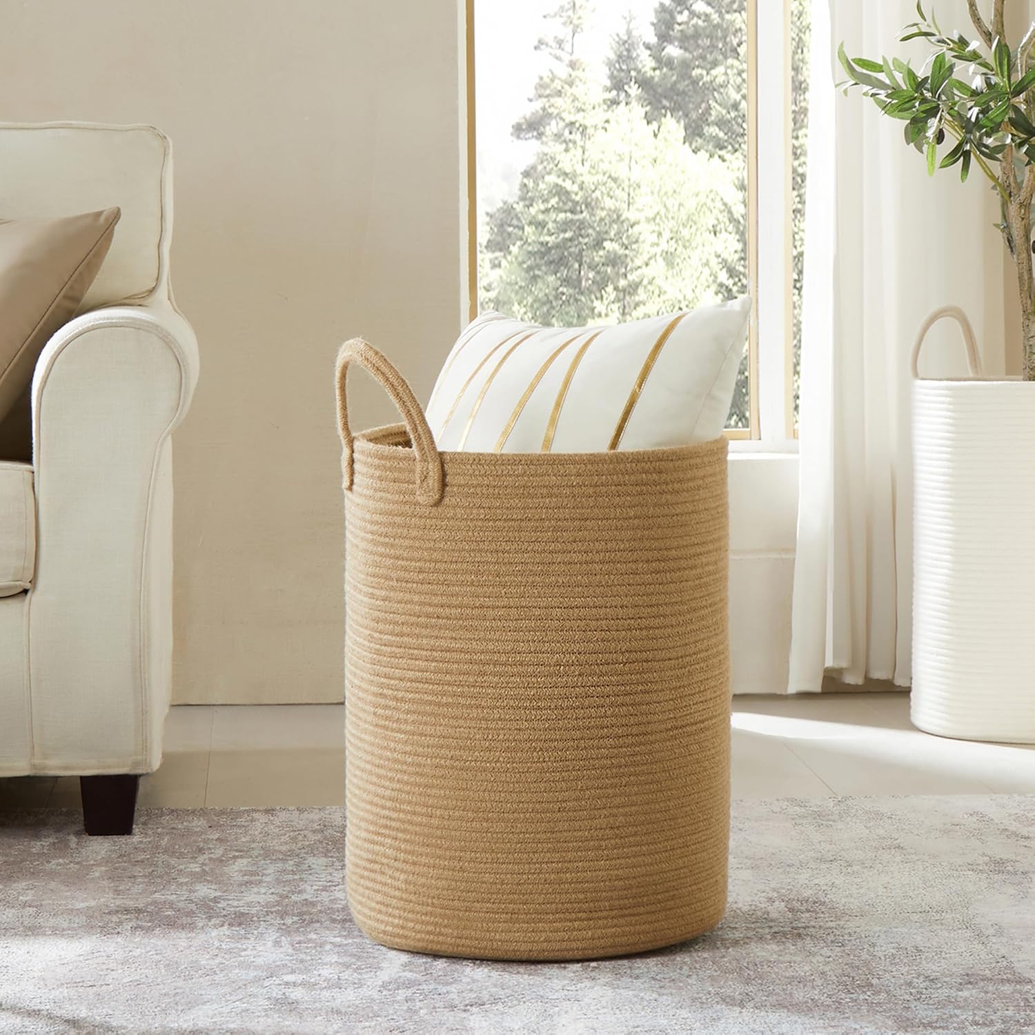 60L Jute Woven Laundry Hamper Basket Wicker Rope Clothes Hamper Tall Rattan Blanket Basket in Living Room Bedroom 15Dx20H Inches Large