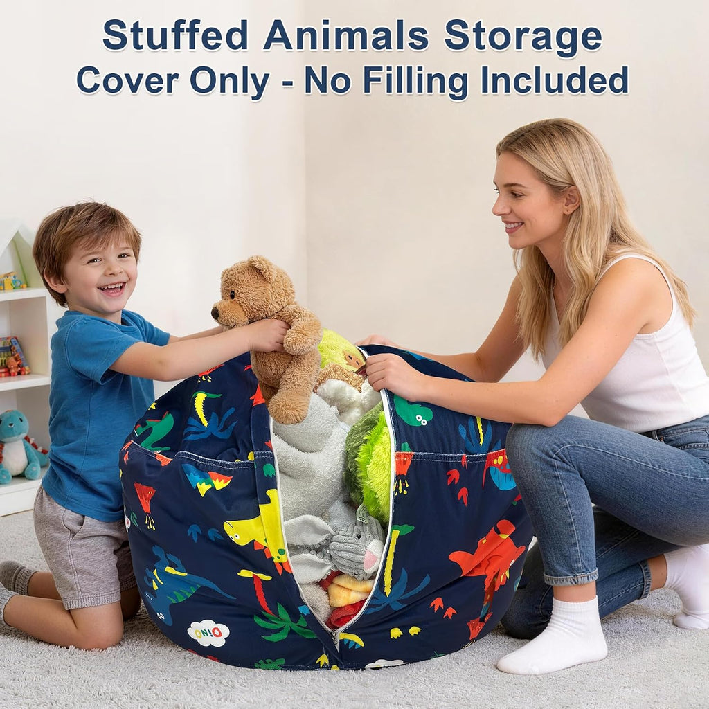 Lukeight Stuffed Animals Storage Bean Bag Chair Cover, Large 27 x 16 in | Dinosaur Cozy Velvet Plush Toy Organizer Seat for Kids, Cover Only, No Filling Included, Long YKK Zipper, Side Pocket
