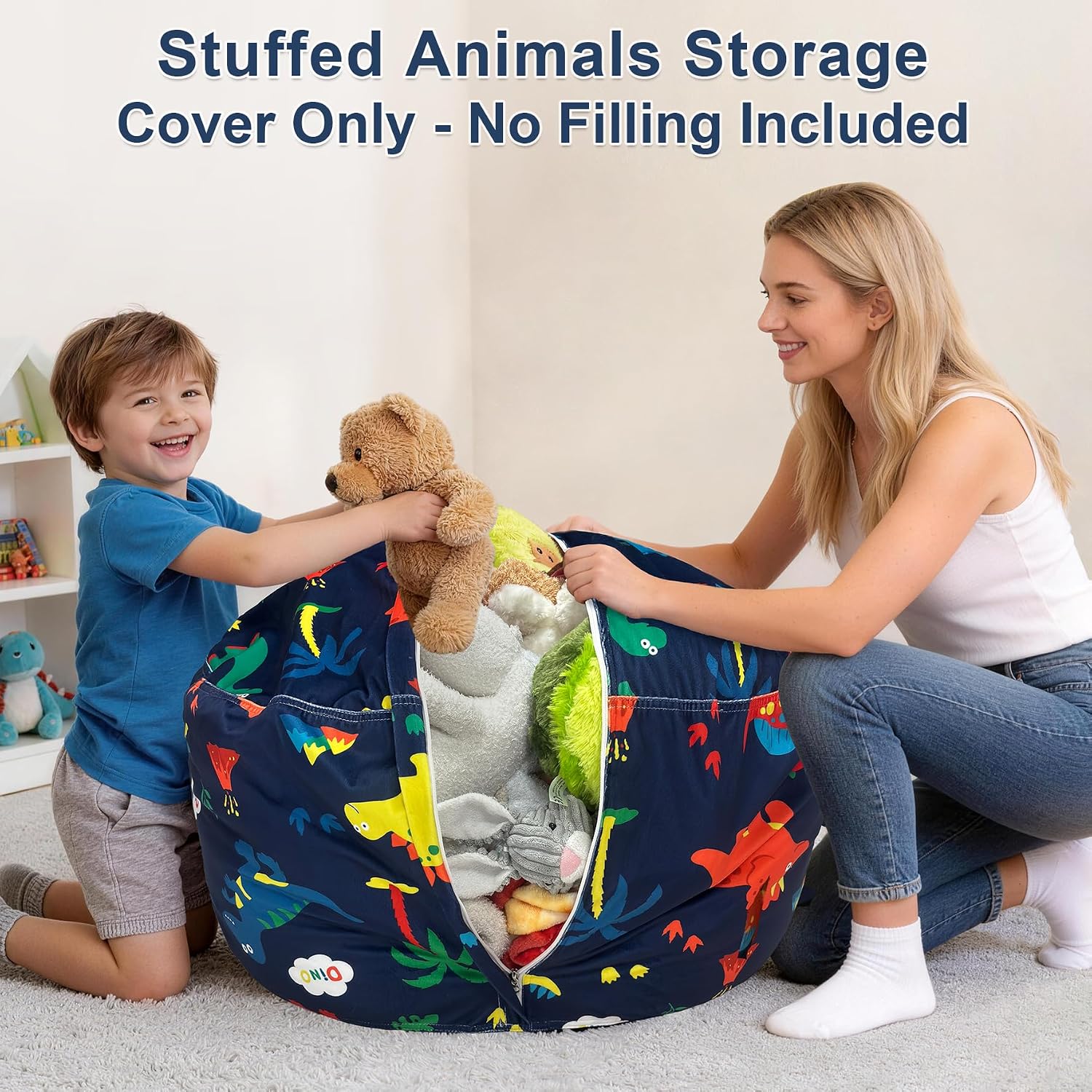 Lukeight Stuffed Animals Storage Bean Bag Chair Cover, Large 27 x 16 in | Dinosaur Cozy Velvet Plush Toy Organizer Seat for Kids, Cover Only, No Filling Included, Long YKK Zipper, Side Pocket