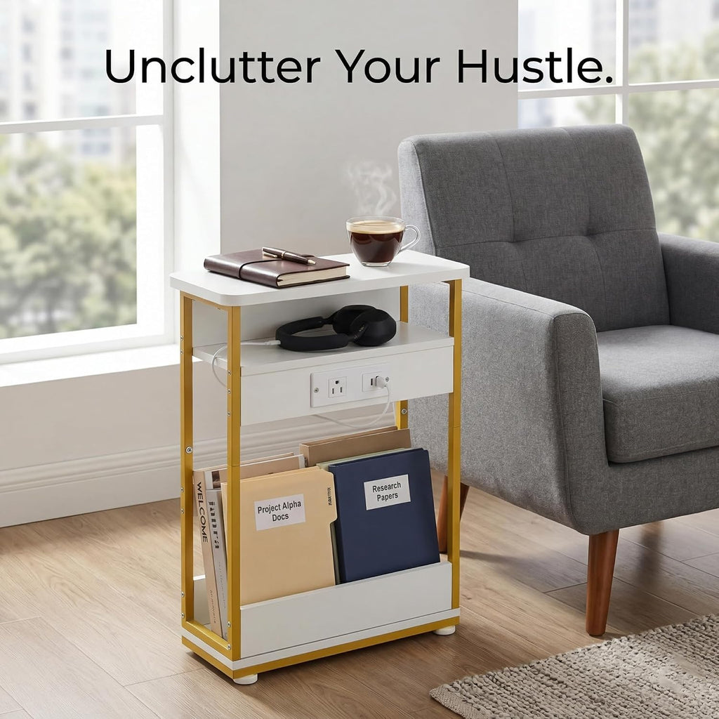 YEAKOO Narrow Side Table with Charging Station, 3-Tier End Table with 2 USB Ports & Power Outlets, Thin Sofa Side Table for Small Spaces, Bedside Table Nightstand for Living Room, White+Gold