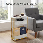 YEAKOO Narrow Side Table with Charging Station, 3-Tier End Table with 2 USB Ports & Power Outlets, Thin Sofa Side Table for Small Spaces, Bedside Table Nightstand for Living Room, White+Gold