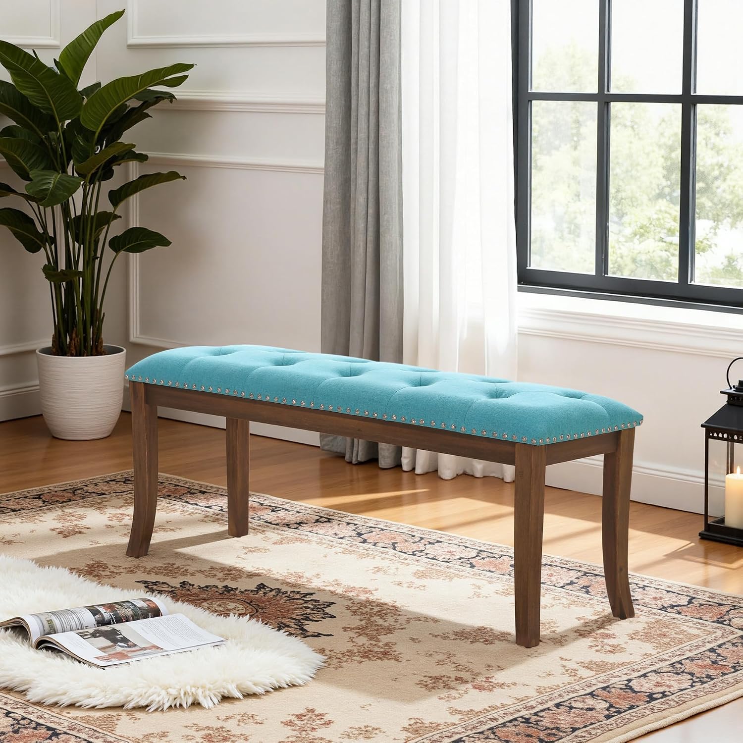 PHI VILLA Bench for Bedroom End of Bed - Dining Bench with Sturdy Wood Legs, Extra-Long Upholstered Tufted Bed Bench Seat, Farmhouse Entryway Bench