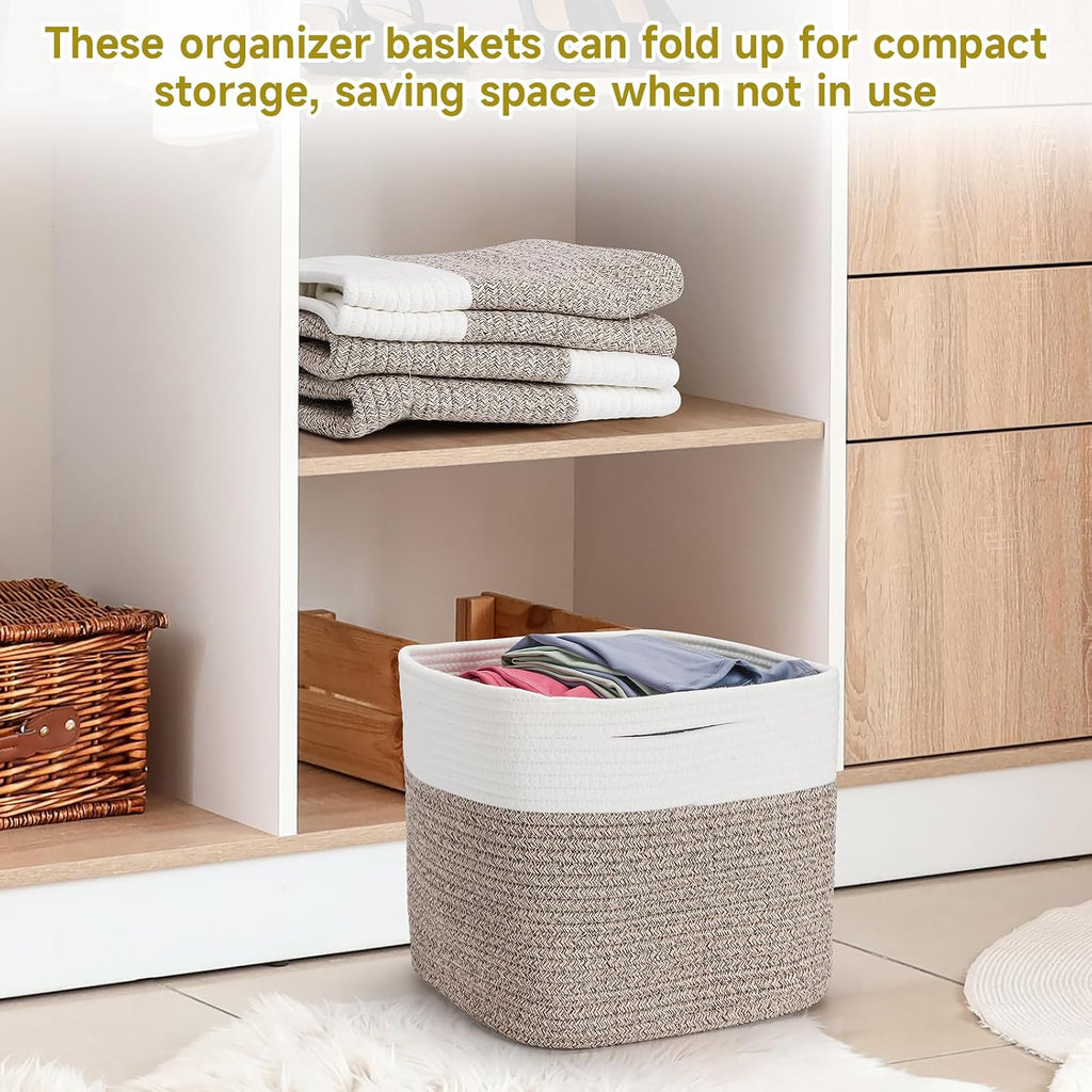 3Pack Cube Storage Bins,Square Storage Baskets for Christmas Decorative,Foldable Trunk organizer for Car,11Inch Durable Cotton Rope Woven Storage Basket for Organizing-Brown Basket for Shelves,Camping