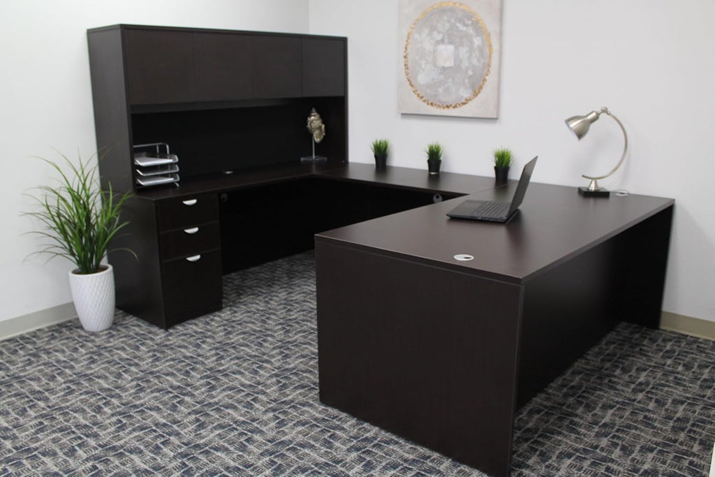 Boss Office Products Holland 71" Executive U-Shape Desk with File Storage Pedestal and Hutch, Mocha