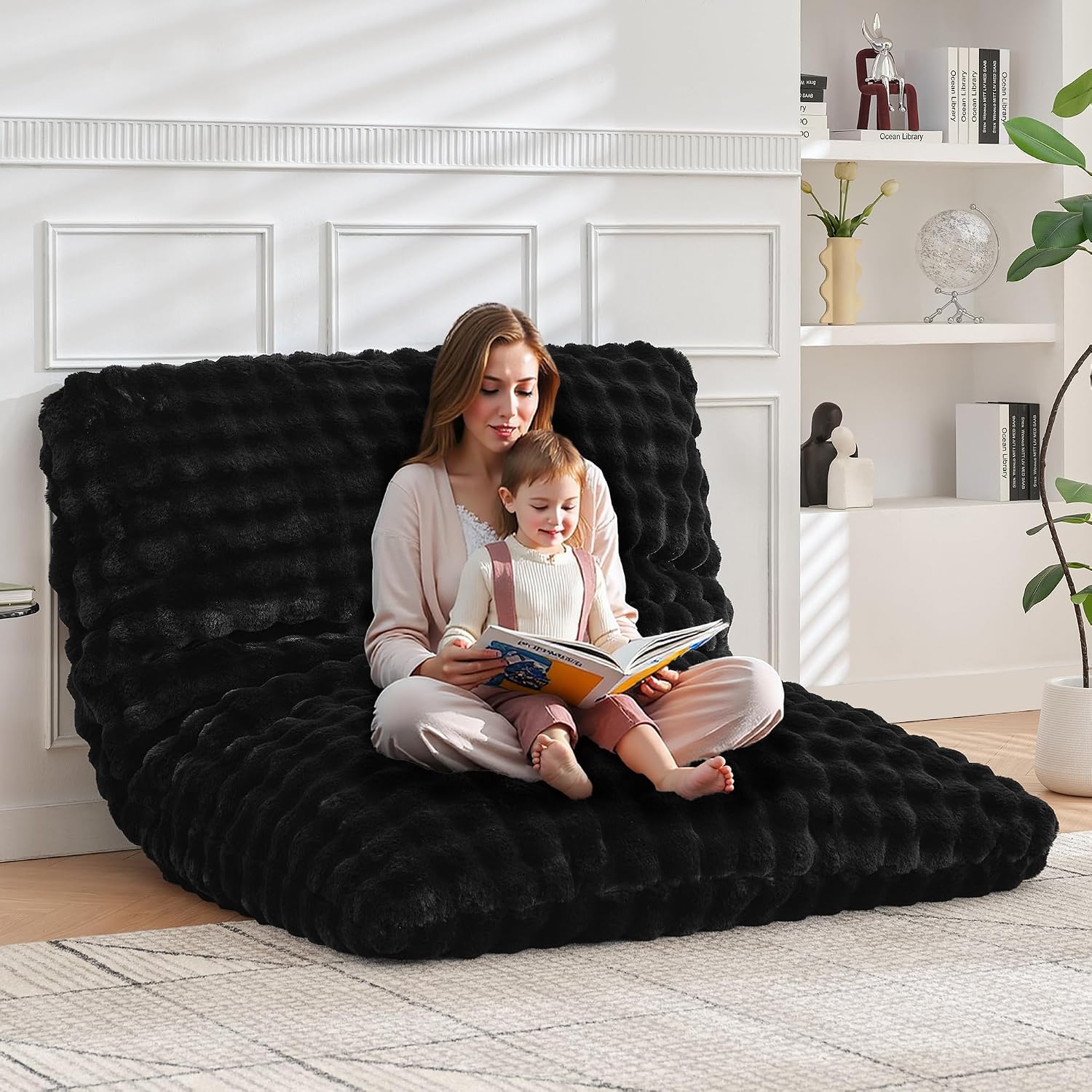 TYBOATLE 3 in 1 Giant Bean Bag Chair for Adults, Plush Fluffy Bean Bag Couch w/High-Density Memory Foam Filling, Convertible Floor Sofa to Mattress for Dorm, Apartment (Black)