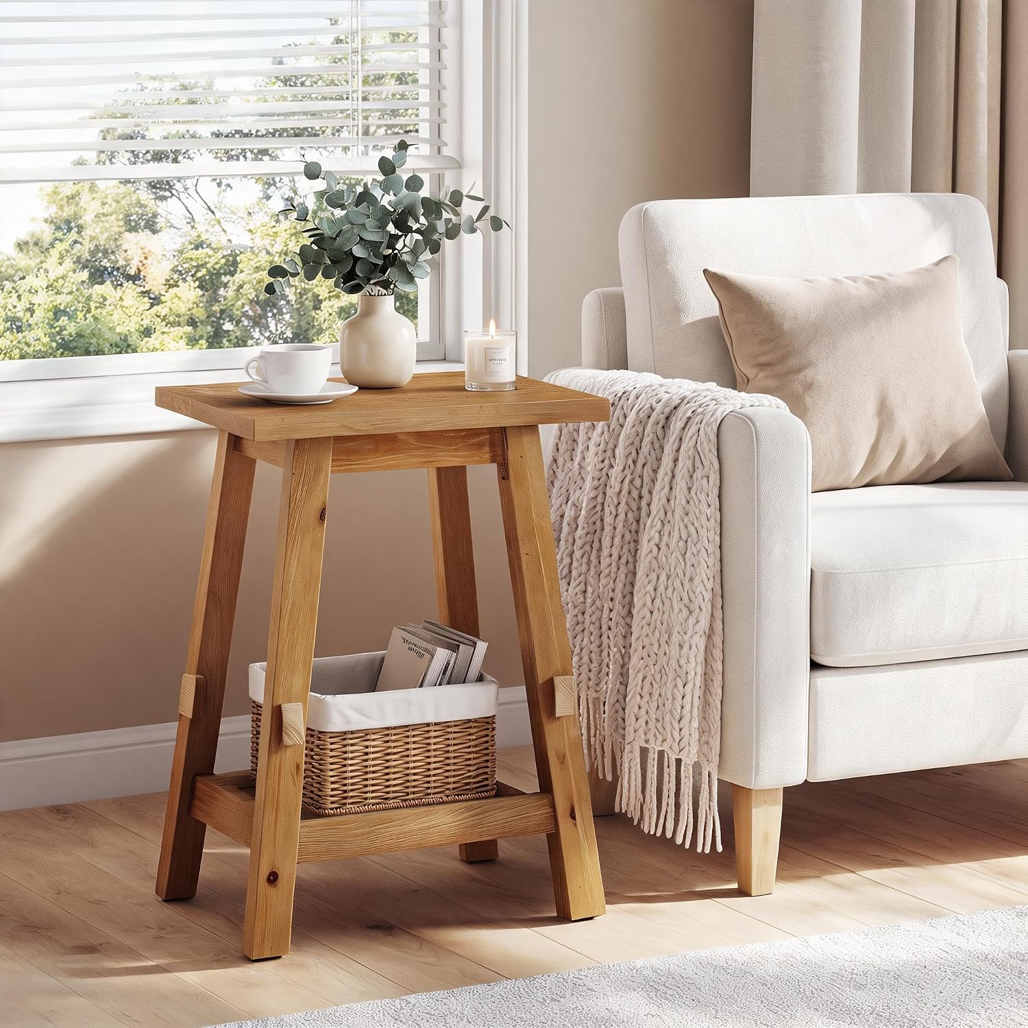 Solid Wood Square Side Table, 2 -Tier Farmhouse End Table, Nightstands with Shelf Storage for Living Room, Bedroom, Office and Small Spaces, Rustic Brown
