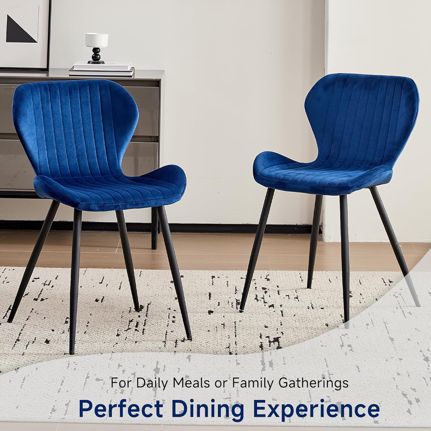 Velvet Dining Chairs Set of 4, Mid Century Modern Plain Color Upholstered Chair with Backrest Metal Legs for Kitchen, Bedroom, Living Room and Office, Blue(Only Chairs)