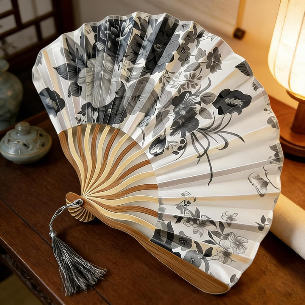 1pc Folding Hand Fan Set With Tassel, Chinese Ink Painting Handheld Fan, Portable Fan for Summer Cooling, Decorative Fan for Dance, Wedding Stage Props 11in*8.85in,Gray