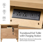 HULALA HOME Farmhouse End Table with Charging Station, Pull-Out Tray, 3 Drawers End Table with Solid Wood Legs, Wood Veneer Side Table with Open Shelf Set of 2, Natural