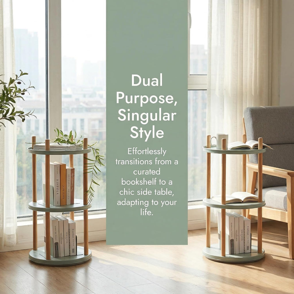 3-Tier Rotating Side Table, Round End Table with Storage Basket & Bookends, Modern Narrow Nightstand for Small Spaces, Living Room, Bedroom, Mint Green & Natural Wood