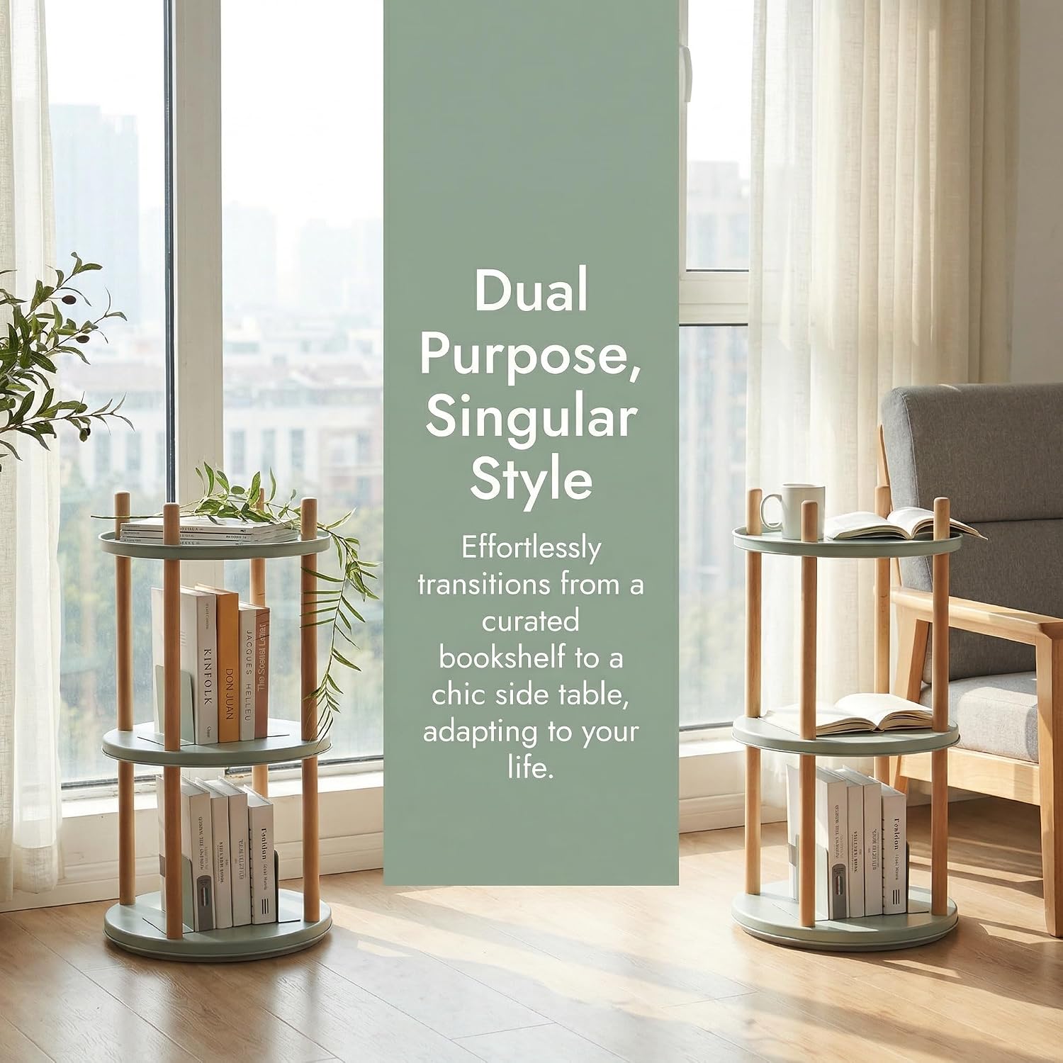 3-Tier Rotating Side Table, Round End Table with Storage Basket & Bookends, Modern Narrow Nightstand for Small Spaces, Living Room, Bedroom, Mint Green & Natural Wood