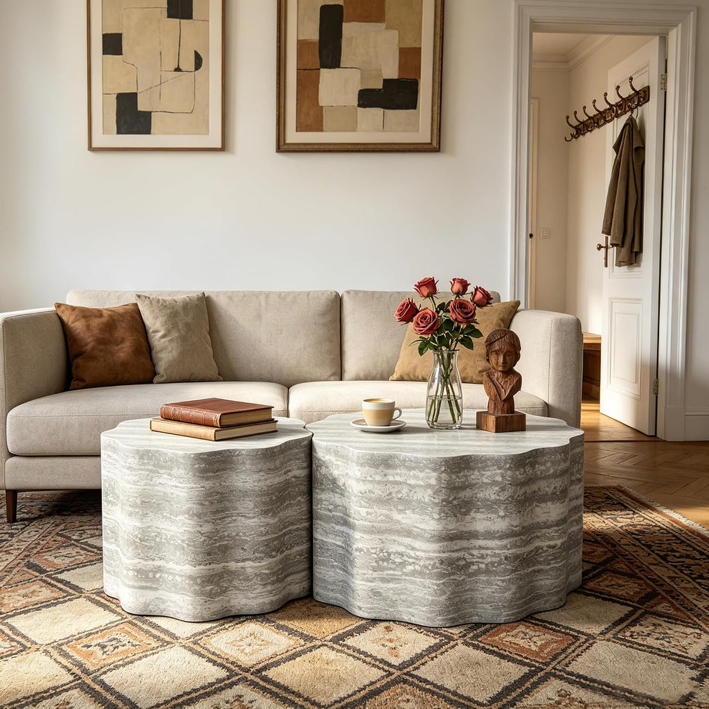23.6''+26.7'' Set of 2 Faux Mars Pattern Round Coffee Tables, Modern Mini Side Tables Accent End Table for Apartment, Office, Living Room, (Beige Grey)
