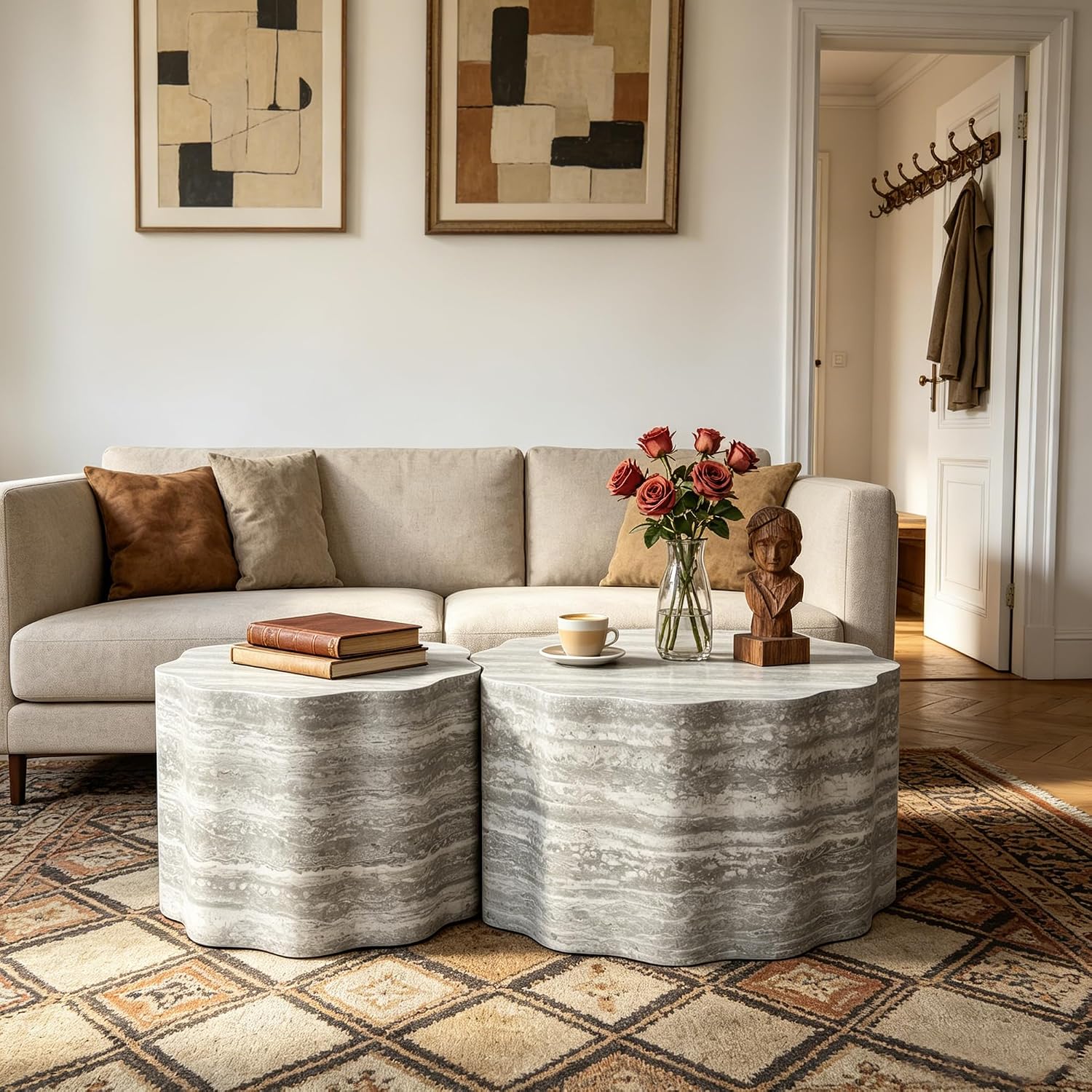 23.6''+26.7'' Set of 2 Faux Mars Pattern Round Coffee Tables, Modern Mini Side Tables Accent End Table for Apartment, Office, Living Room, (Beige Grey)