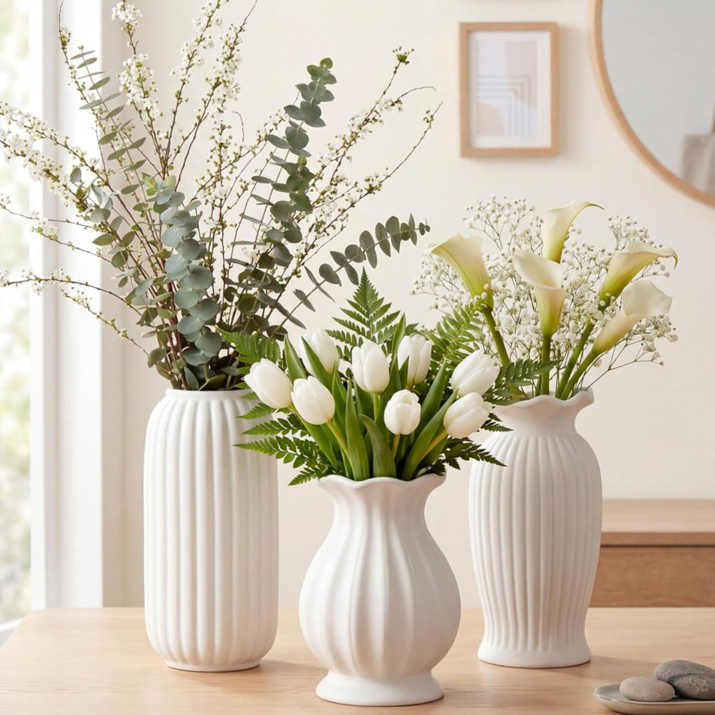 3 Pcs Vase Modern Fluted Ribbed Textured Boho Decorative Vase for Flowers Living Room Home Cabinet Table Centerpieces Wedding Kitchen Office(Milk White Vertical)
