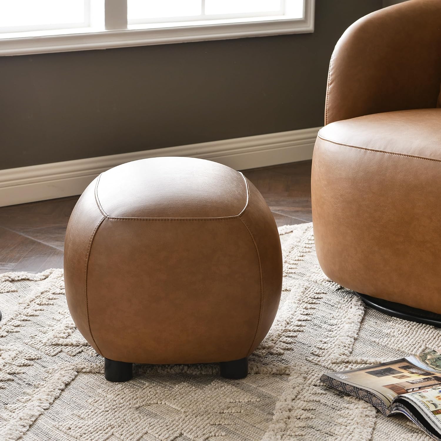 KINWELL 23" Wide Faux Leather Upholstered Ottoman, Mid-Century Modern Living Room Footrest with Soft Padded Seat, Footstool for Bedroom, Entryway or Living Room, Camel
