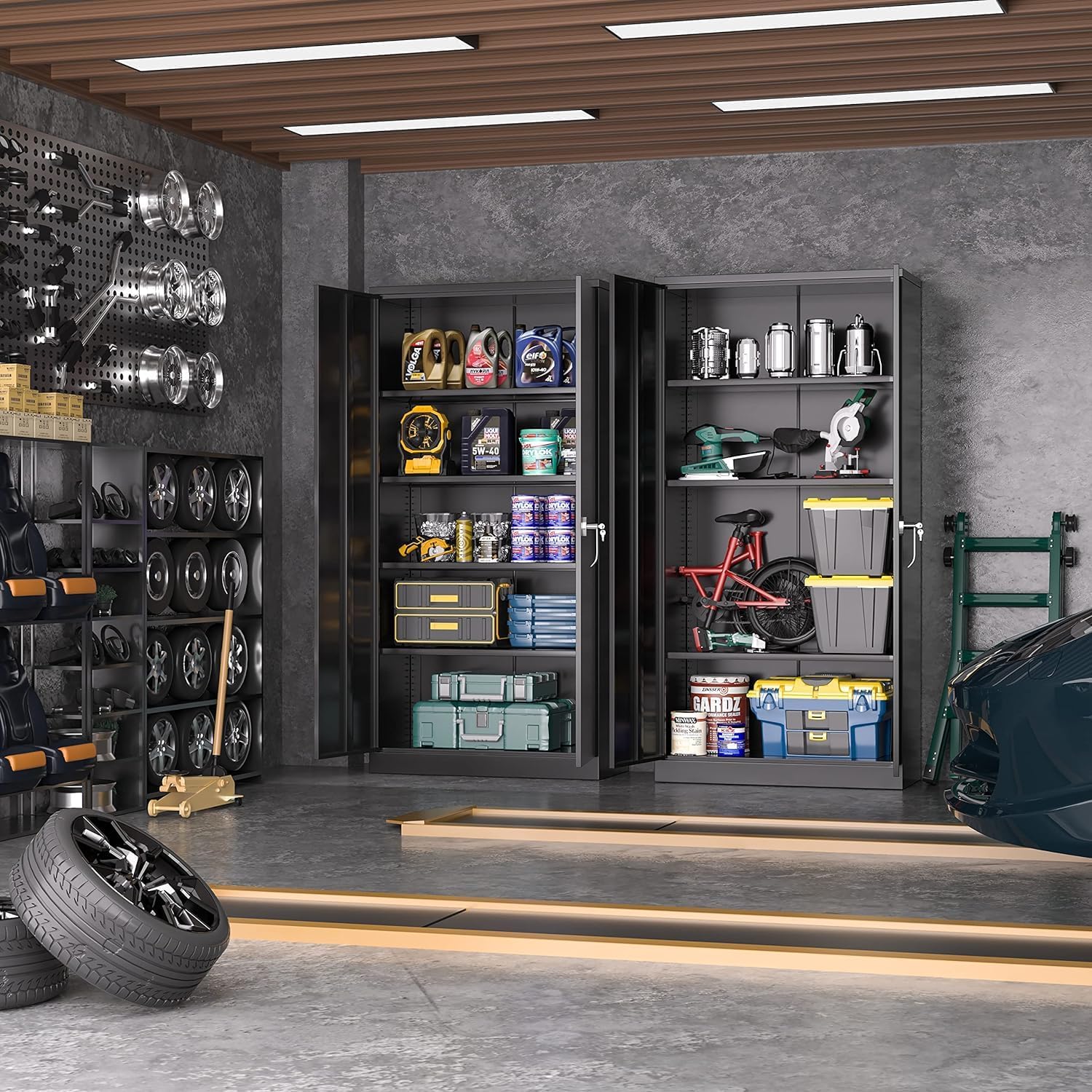 Greenvelly Storage Cabinet, 72” Black Garage Steel Locking Cabinet with Doors and 4 Adjustable Shelves, Tall Lockable File &Tool Cabinet for Home Office, Metal Classroom Cabinet Basement