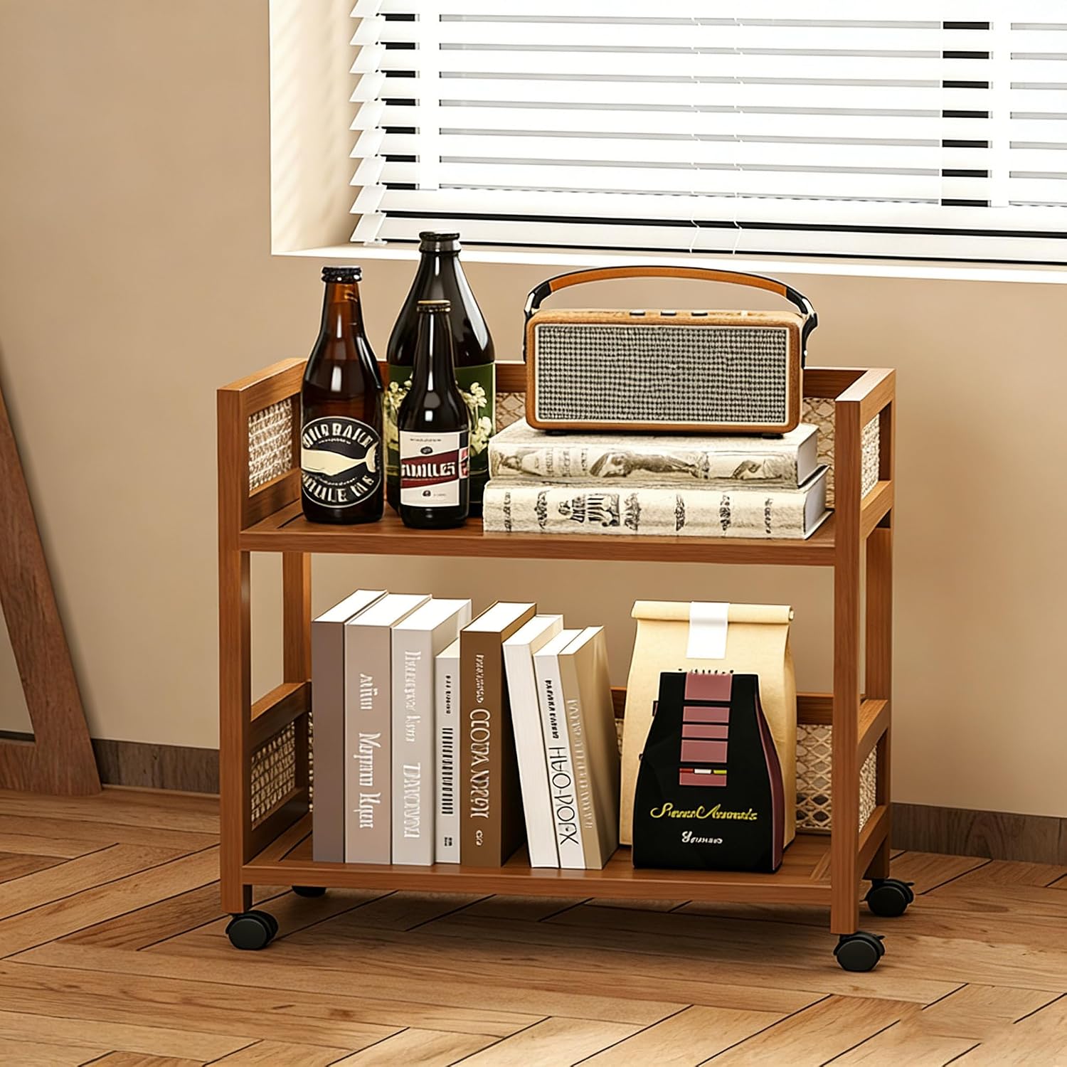 2-Tier Rolling Cart,Open Rattan Bookcase and Bookshelf,Mobile Bookshelf with Wheels,Rolling Storage Cart,for Living Room, Bedroom, Kitchen,Home Office(Rustic Brown)