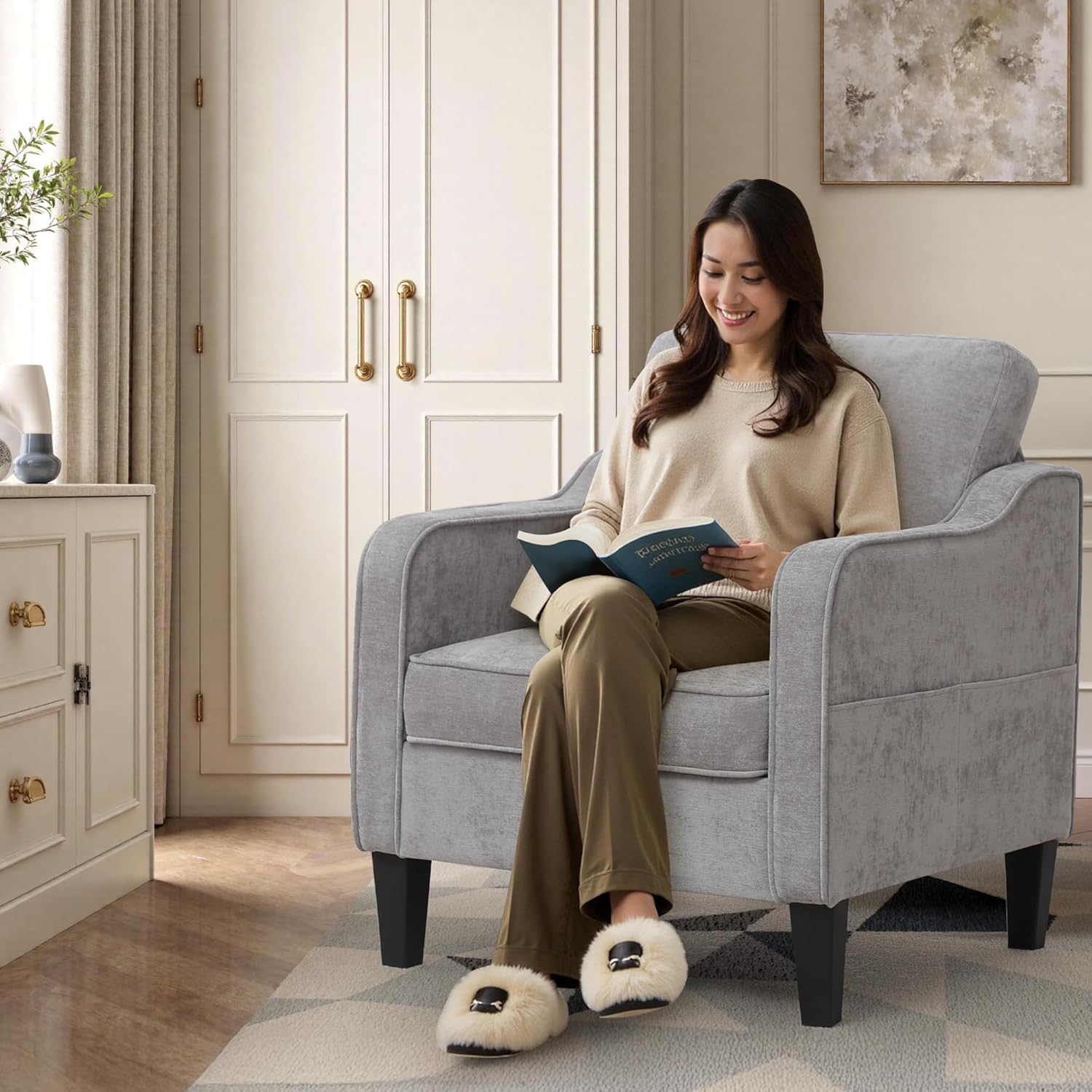 Accent Chair for Living Room, Mid Century Modern Reading Chair for Bedroom, Upholstered Armchair with Side Pockets, Comfy Single Sofa Side Chair for Office, Apartment, Small Room, Light Grey
