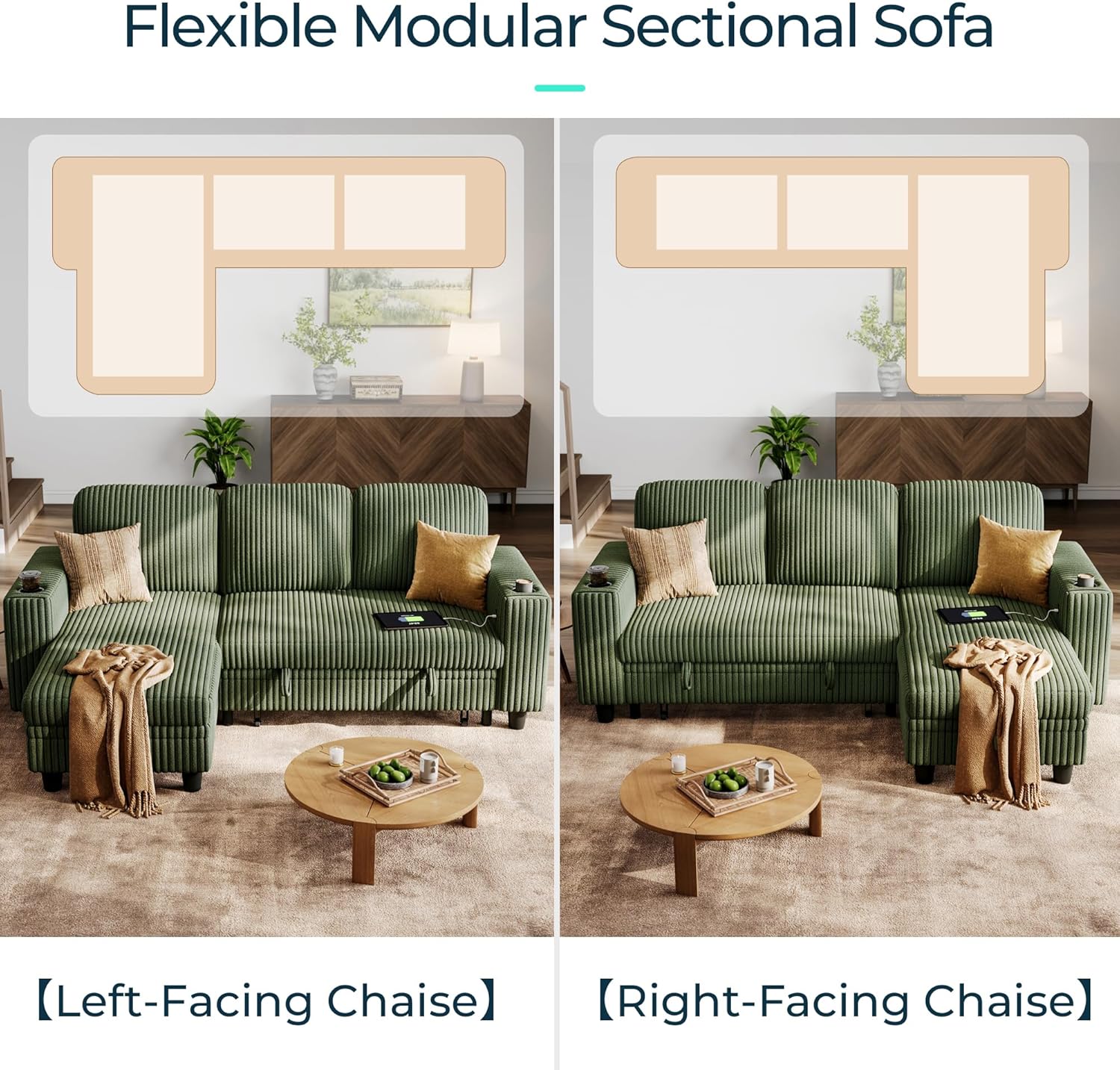 LINSY HOME Sectional Sleeper Sofa Pull Out Couches for Living Room (Green, Sleeper Sofa 1) | Pull Out Sofa Bed, Storage, USB Charging, Cup Holders, Plush Corduroy