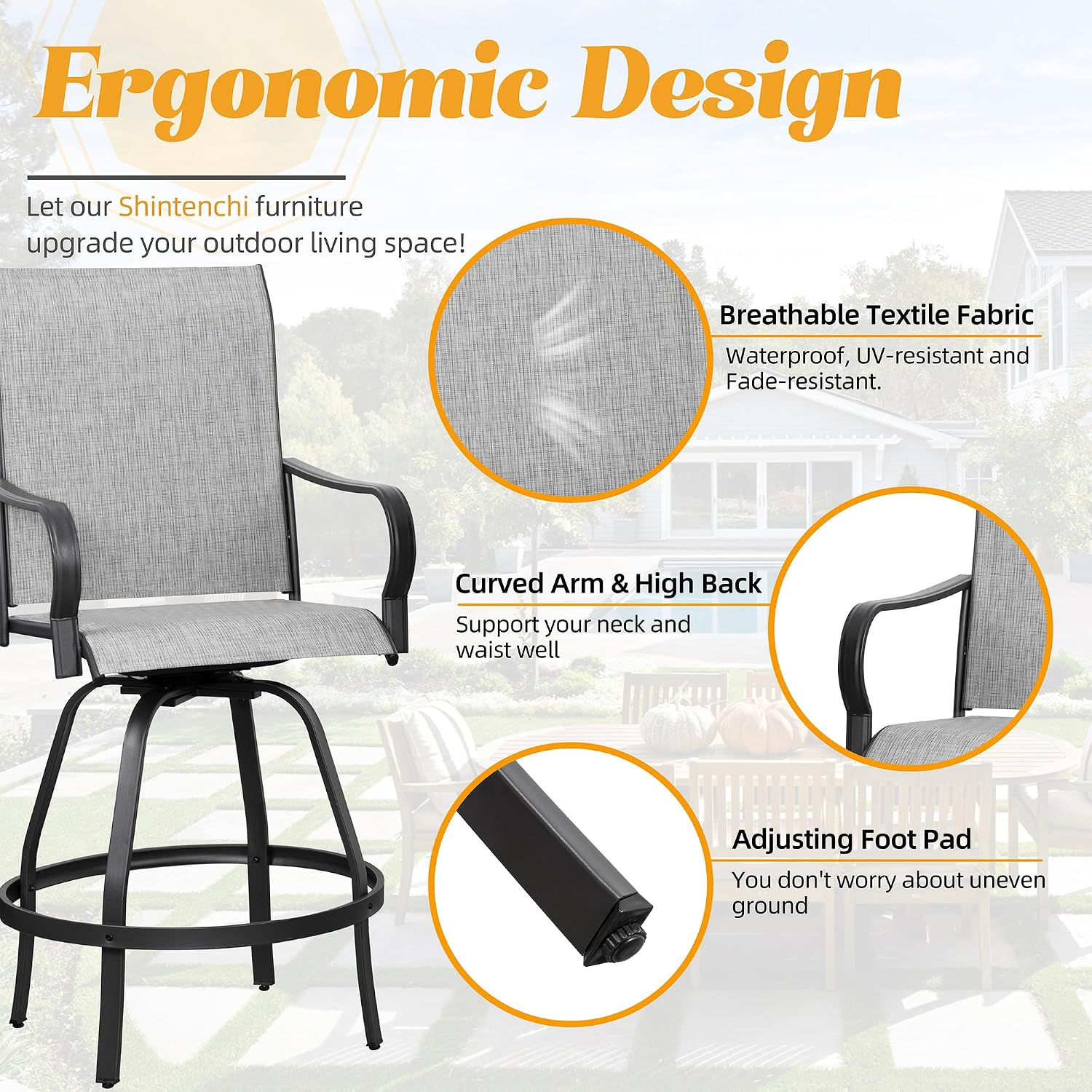 Shintenchi 4 Piece Patio Swivel Bar Chairs, All Weather Textile Outdoor Metal Bar Stools Patio Chairs Set of 4 with High Back, High Top Bistro Set Furniture for Balcony,Backyard,Garden,Deck,Light Grey