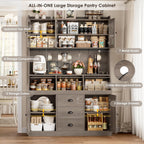 HIFIT 71.4” H Farmhouse Pantry Cabinet with 3 Bread Boxes and 7 Metal Hooks, 47.2” Wide Kitchen Hutch Cabinet with Storage and Glass Doors, Ash Grey
