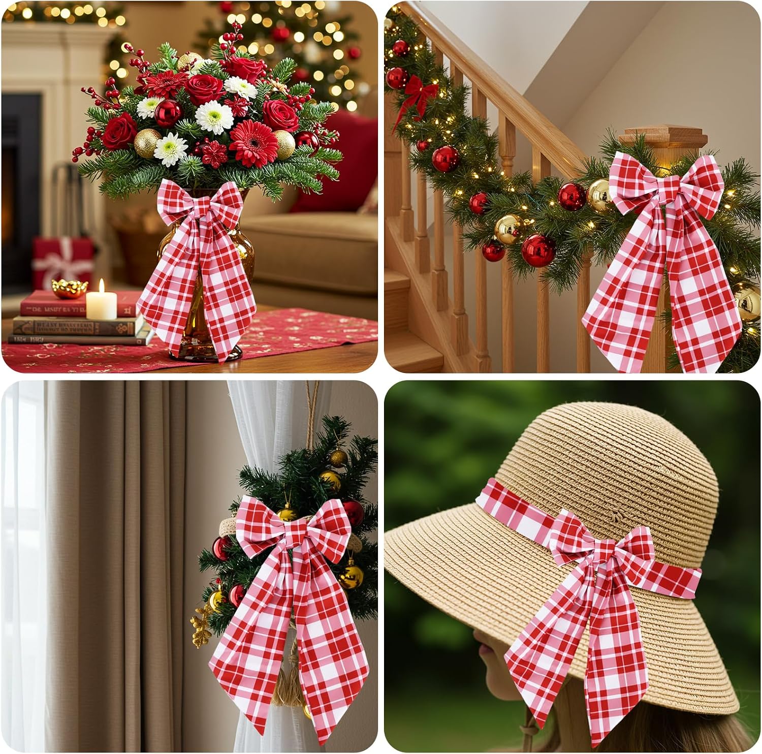 TONIFUL Wreath Sash for Front Door 4.5" x 56" Red Check Plaid Wreath Sash for Embroidery Garland Doorway Indoor Outdoor Wall Yard Ribbon Bow Christmas Party Home Decor