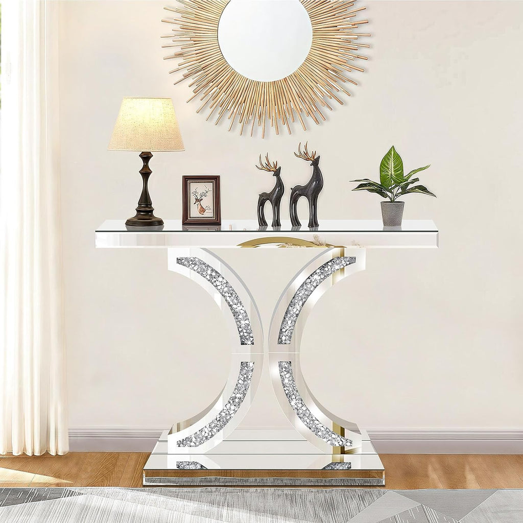 Silver Mirrored Console Table with Crushed Diamond Inlay, 39.4'' Long Glass Entryway Sofa Table, C-Shaped Base Modern Accent Narrow Table for Living Room, Hallway, Foyer, Entrance