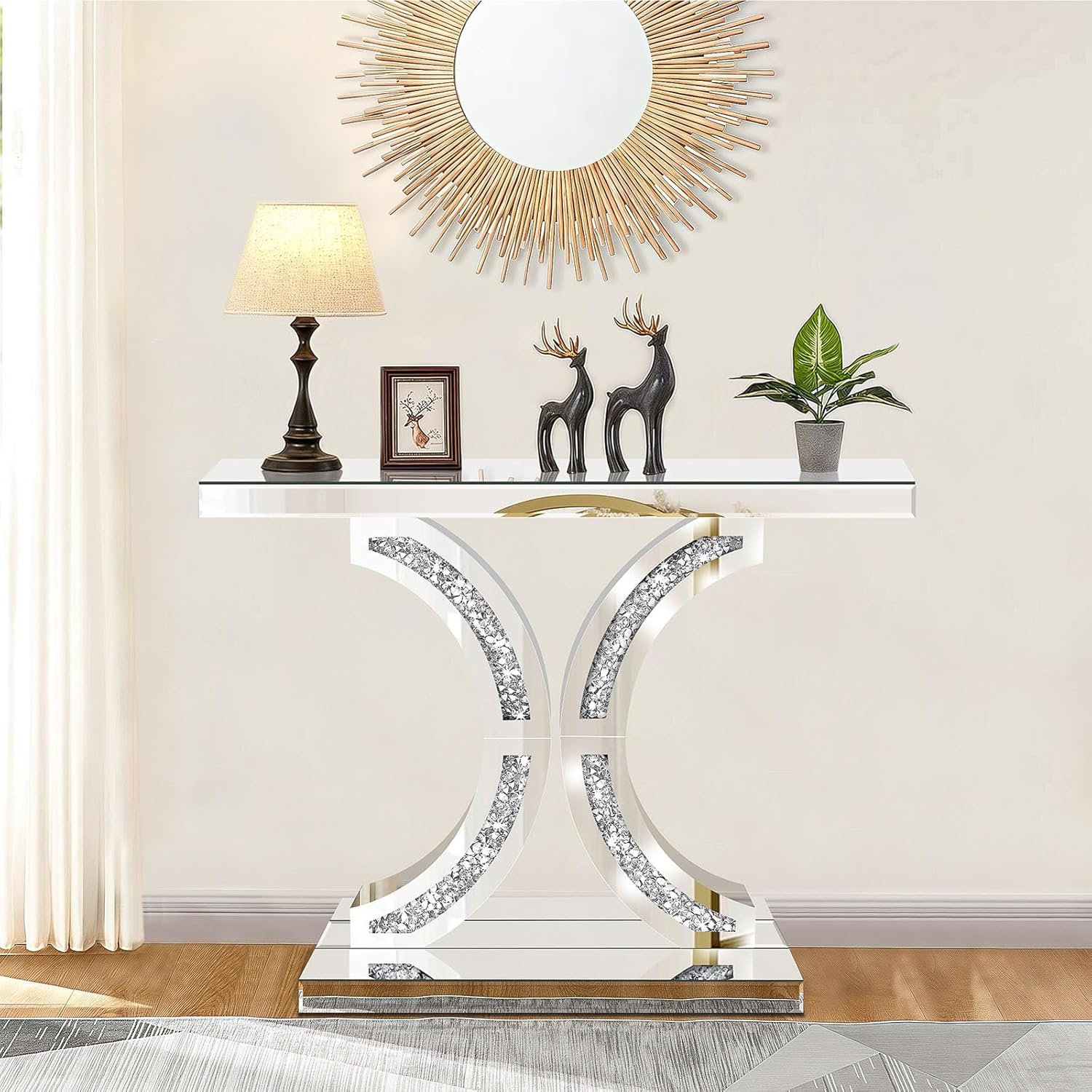Silver Mirrored Console Table with Crushed Diamond Inlay, 39.4'' Long Glass Entryway Sofa Table, C-Shaped Base Modern Accent Narrow Table for Living Room, Hallway, Foyer, Entrance