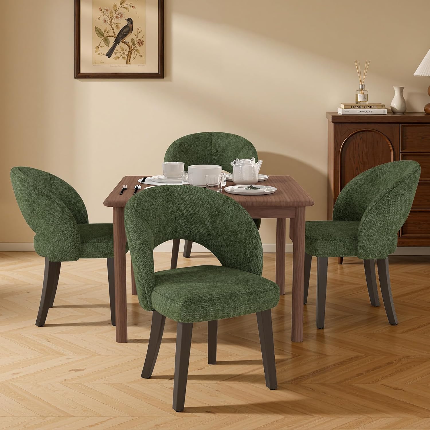 Dining Chairs Set of 2, Mid Century Modern Dining Chairs with Solid Wood Legs, Curved Back Kitchen Chair Farmhouse Side Upholstered Chairs for Kitchen Dining Room, Green