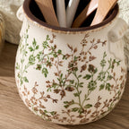 Utensil Holder for Kitchen Counter, Modern Farmhouse Rustic Cooking Utensil Holder and Crock, Exquisite Chinoiserie Floral Ceramic Utensil Organizer for Home Kitchen Decor- Green and Beige