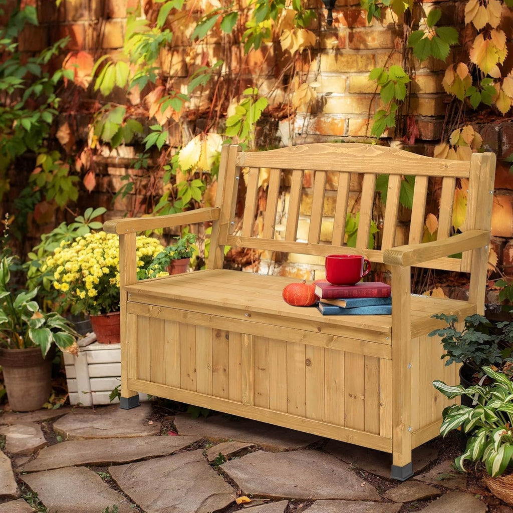 Outdoor Wooden Storage Bench, 44 Inch Patio Storage Loveseat with Armrest, Natural Acacia Wood Deck Box with Seating, Garden Organizer Bench for Backyard Poolside