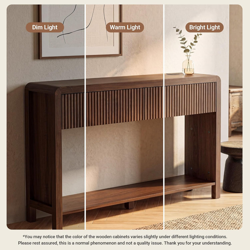 Seang Fluted Sofa Table with Power Outlets,47" Narrow Console Table with 2 Drawers Behind Couch,Curved Entryway Tables with Open Storage for Entrance,Hallway,Living Room,Dark Walnut