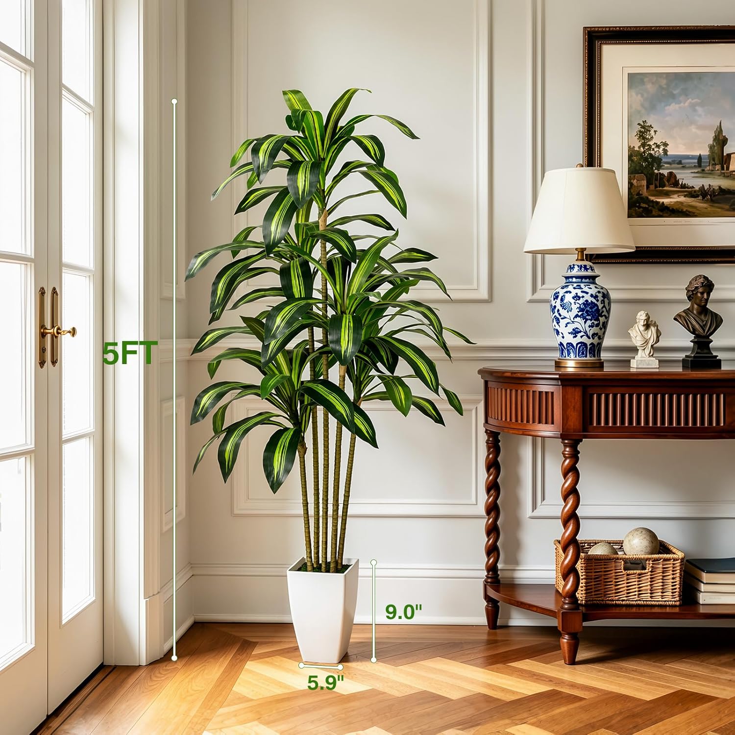 5FT Artificial Dracaena Tree - Tall Faux Dracaena with White Planter, Artificial Plants Indoor, Fake Plant Build Boho-Chic Basket, Fake Tree for Outdoor Home Office Decor