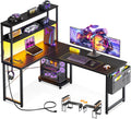 ODK 53 Inch L Shaped Gaming Desk with LED Lighting, Reversible Desk with Power Outlets, Cornor Computer Table with Storage Shelves & Bag & Iron Hook, Home Office Table for Writing, Study, Black