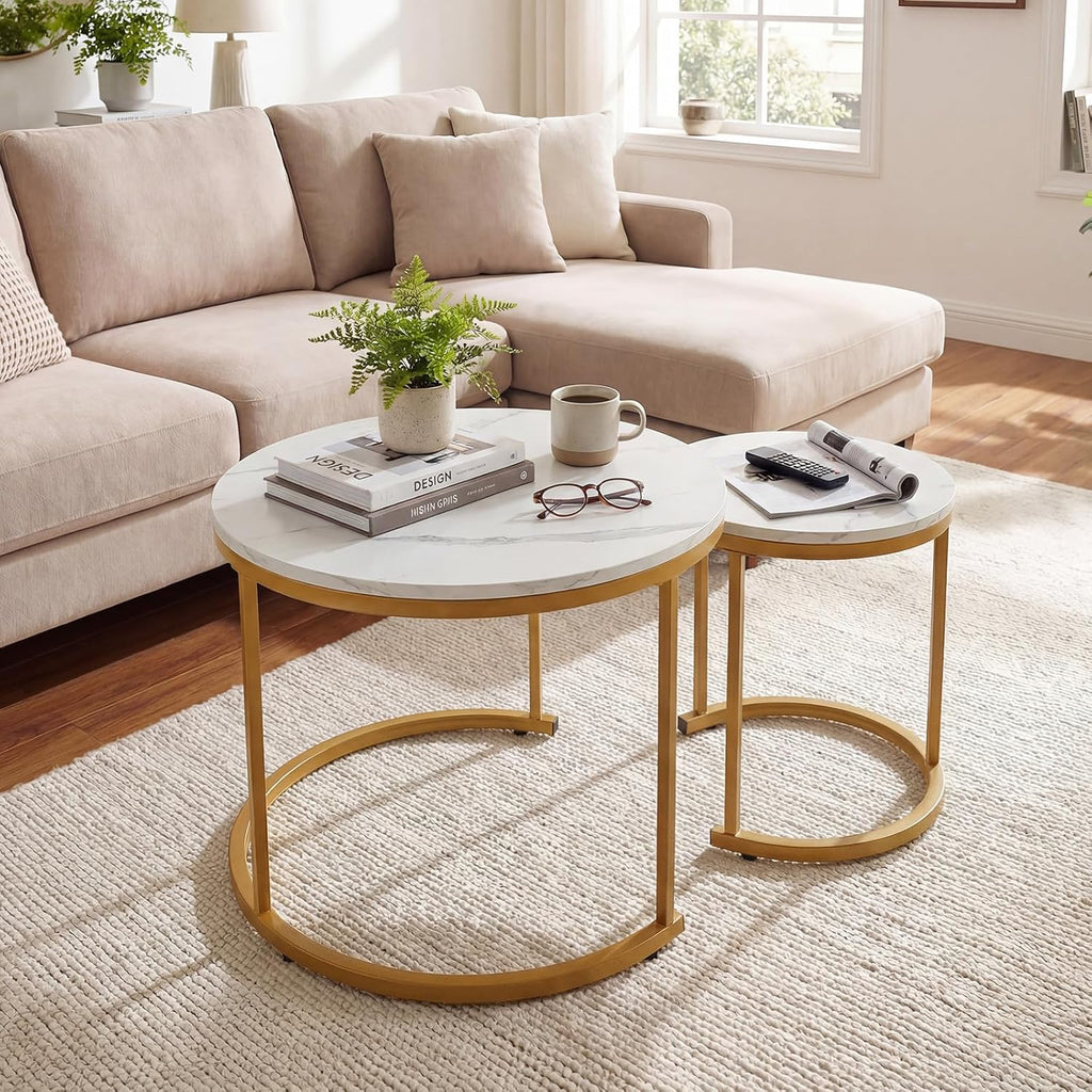 GOFLAME Nesting Coffee Tables Set of 2, Stacking Round Center Table with Wooden Tabletop & Powder Coated Steel Frame, Living Room Coffee End Table Set for Apartment, Bedroom (White & Gold)