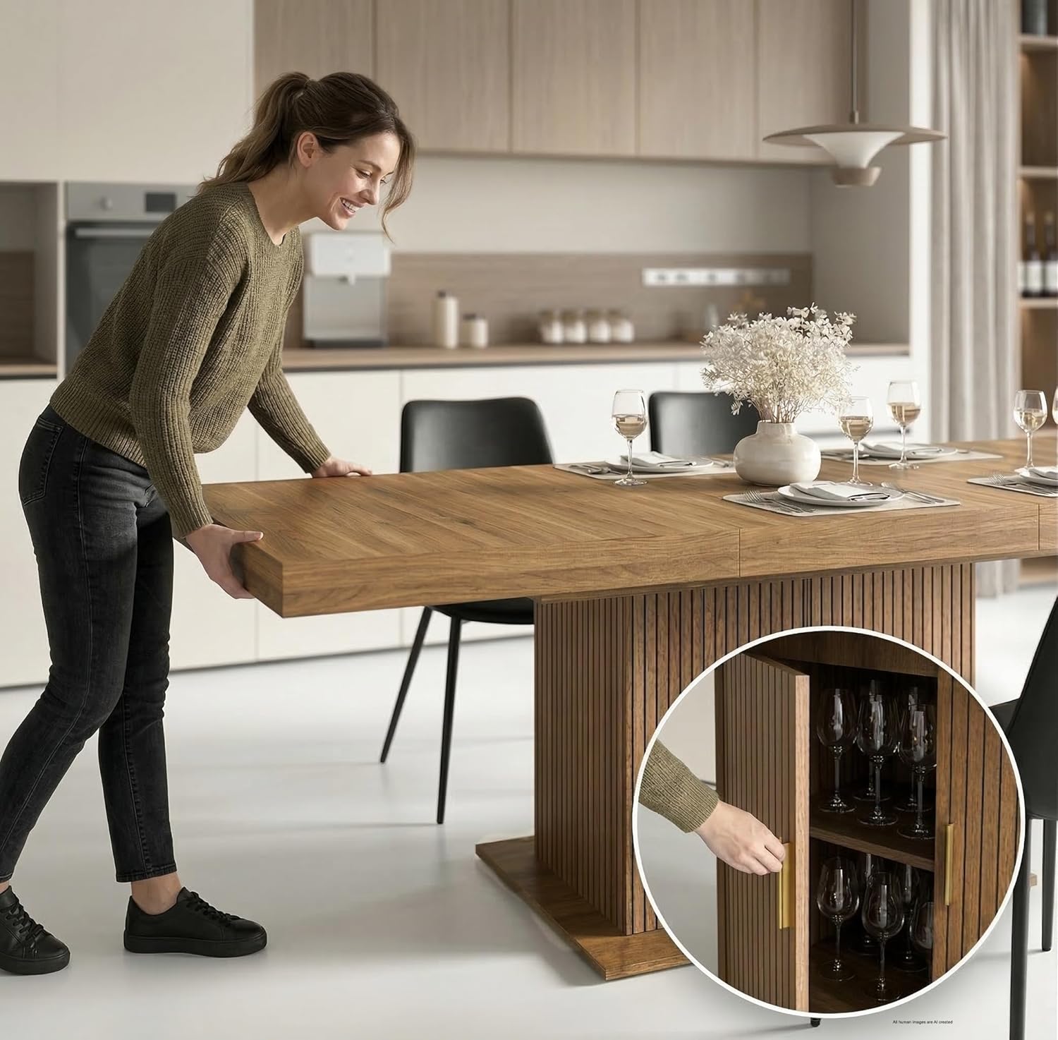 Extendable Dining Table Set for 6, 63-79 Inch Brown Kitchen Table Set with 8 Black Linen-Cotton Chairs with Walnut Metal Legs,Wood Storage (Table + Black Chairs, 1 Table + 6 Chairs)