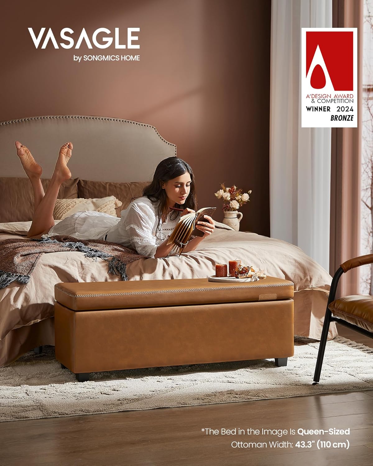 VASAGLE EKHO Collection - Storage Ottoman Bench, Entryway Bedroom Bench, 25 Gallons, Synthetic Leather with Stitching, Mid-Century Modern, Safety Hinges, Loads 660 lb, Caramel Brown ULOM075K01