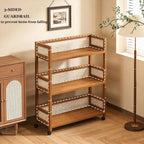 2-Tier Rolling Cart,Open Rattan Bookcase and Bookshelf,Mobile Bookshelf with Wheels,Rolling Storage Cart,for Living Room, Bedroom, Kitchen,Home Office(Rustic Brown)