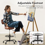 SUPERJARE Drafting Chair with Back, Adjustable Foot Rest Rolling Stool, Multi-Purpose Office Desk Chair, Thick Seat Cushion for Home Bar Kitchen Shop - Rustic Brown